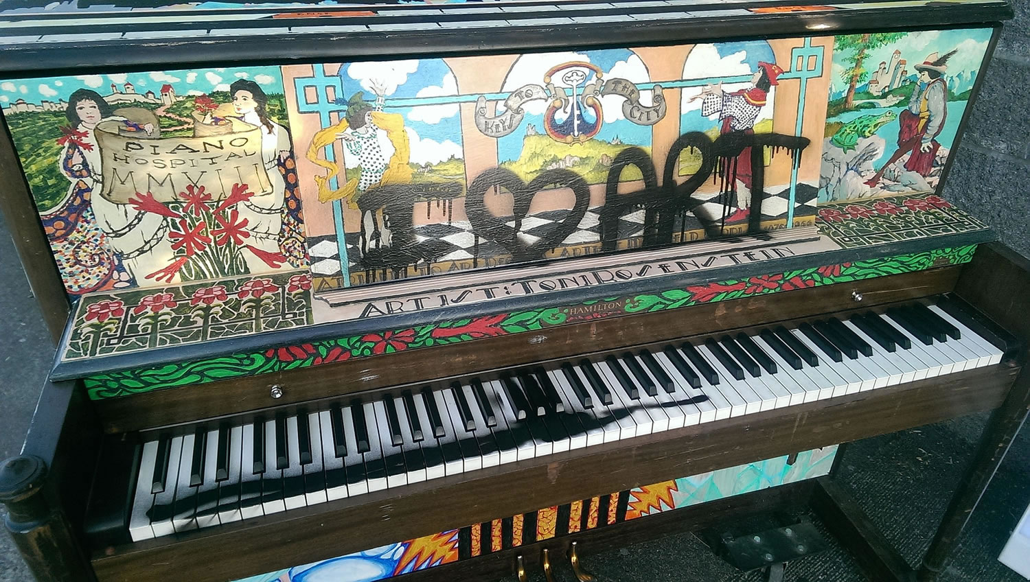 This piano, part of the Keys to the City fundraiser benefiting blind students, was vandalized late Saturday while it was on display along the Vancouver waterfront.