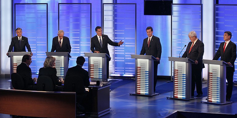 From left, Jon Huntsman; Rep. Ron Paul, R-Texas; Mitt Romney; Rick Santorum; Newt Gingrich; and Texas Gov.