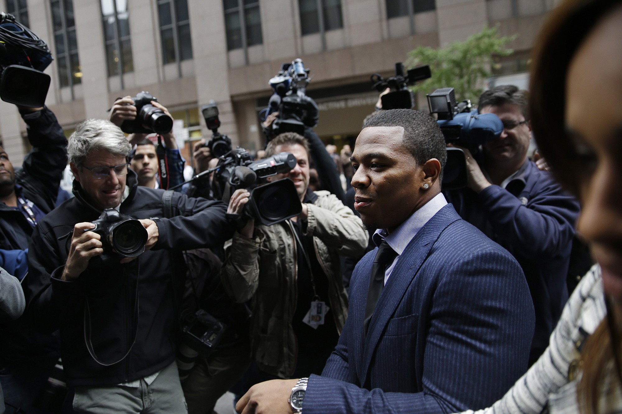Ray Rice arrives with his wife, Janay Palmer, for an appeal hearing of his indefinite suspension from the NFL in New York.
