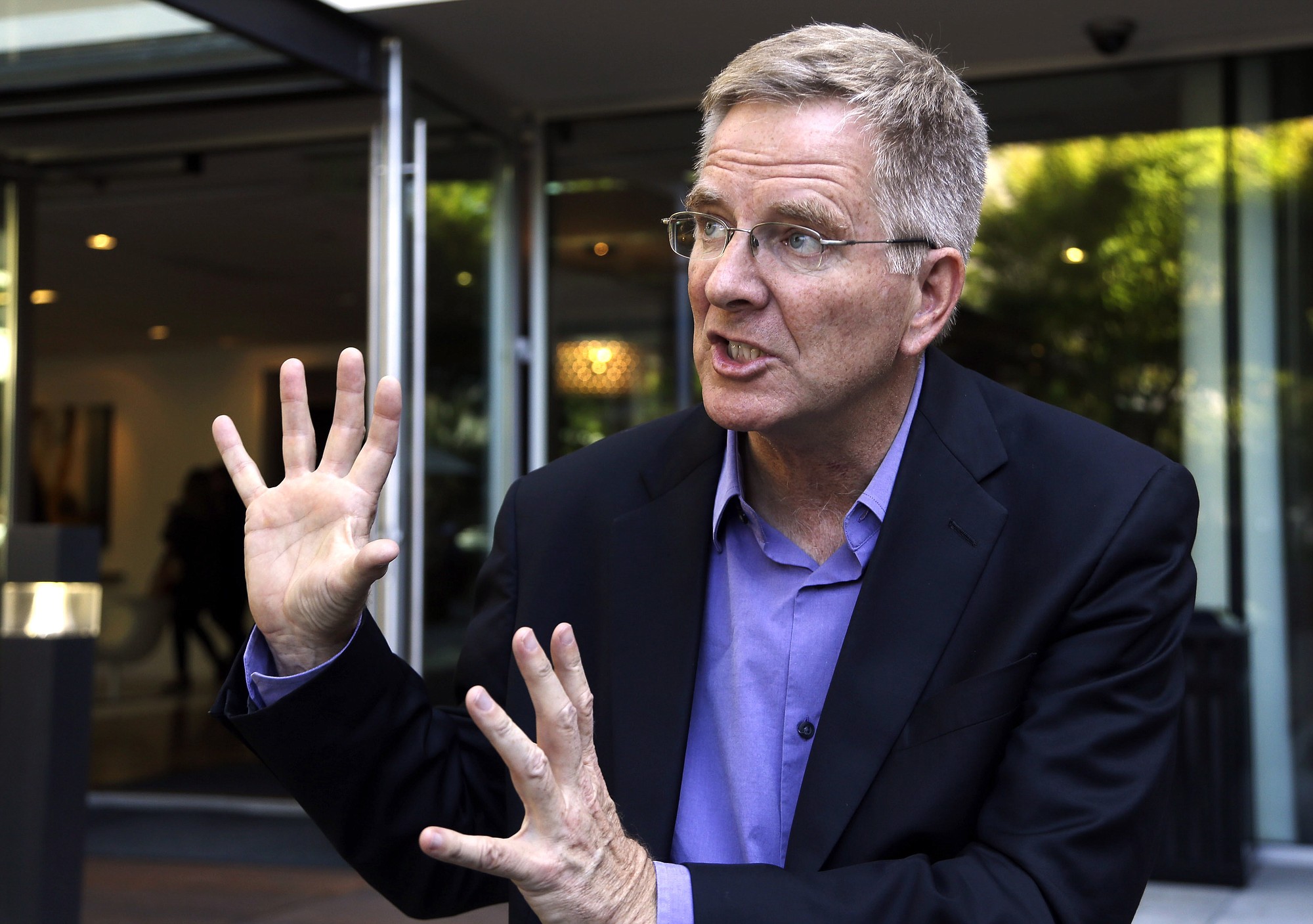 Don Ryan/Associated Press
Rick Steves, one of the country's most visible advocates of marijuana legalization, speaks during an interview Tuesday in Portland. Steves is in the midst of a 10-city tour to stump for legal pot in Oregon.