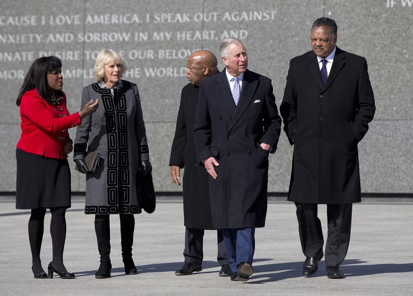From left, Rep. Terri Sewell, D-Ala., Camilla, the Duchess of Cornwall, Rep. John Lewis, D-Ga., Britain's Prince Charles and Rev. Jesse Jackson tour the Martin Luther King, Jr.