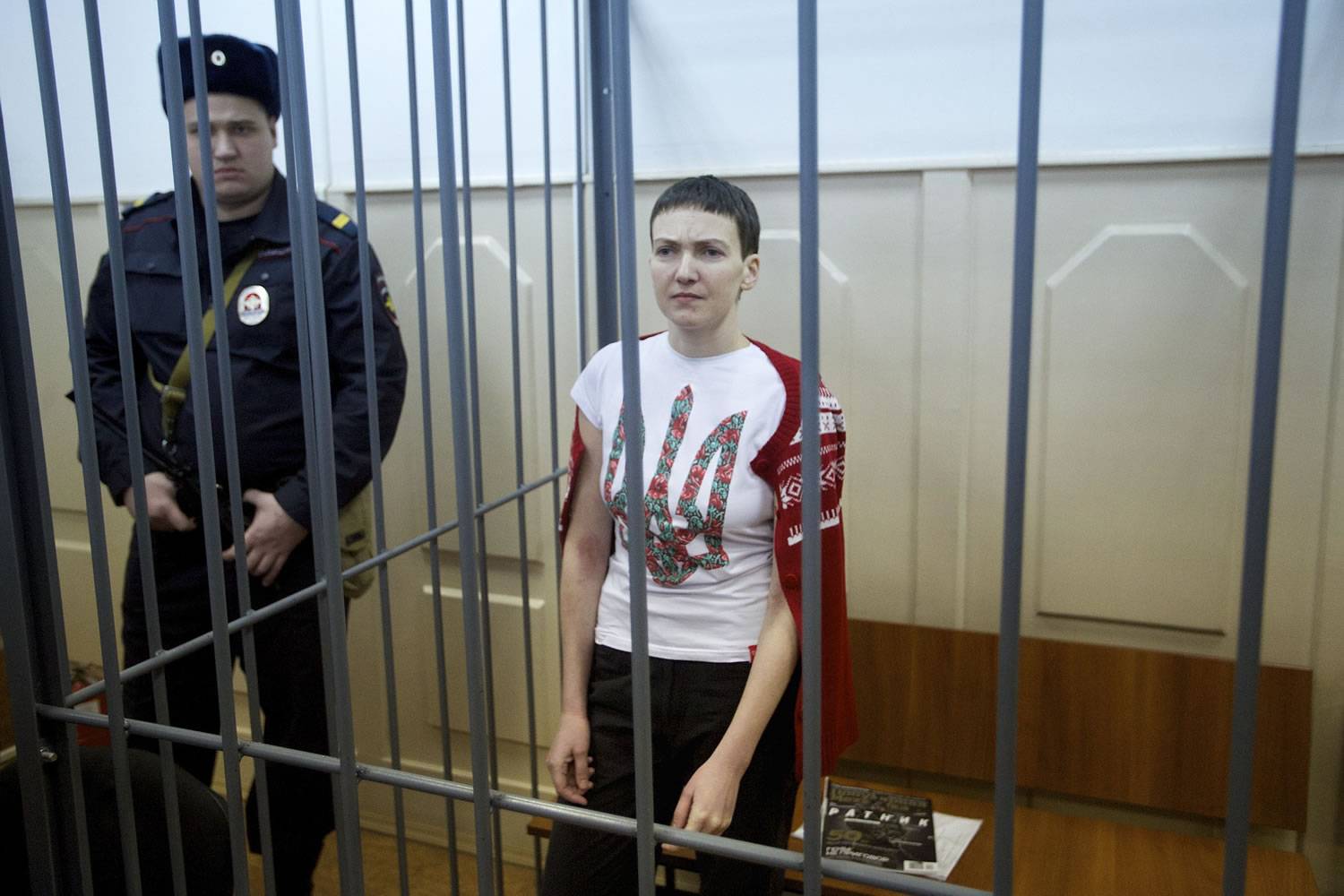 Jailed Ukrainian military officer Nadezhda Savchenko stands Tuesday in a courtroom in Moscow.