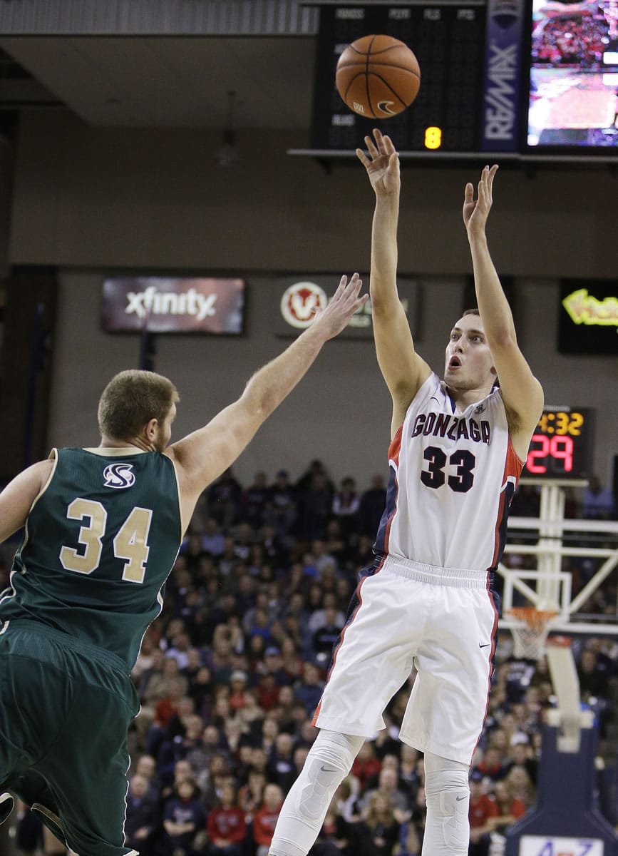 Gonzaga's Kyle Wiltjer (33) takes a jump shot against Sacramento State's Alex Tiffin (34) during the first half in Spokane on Friday, Nov. 14, 2014.