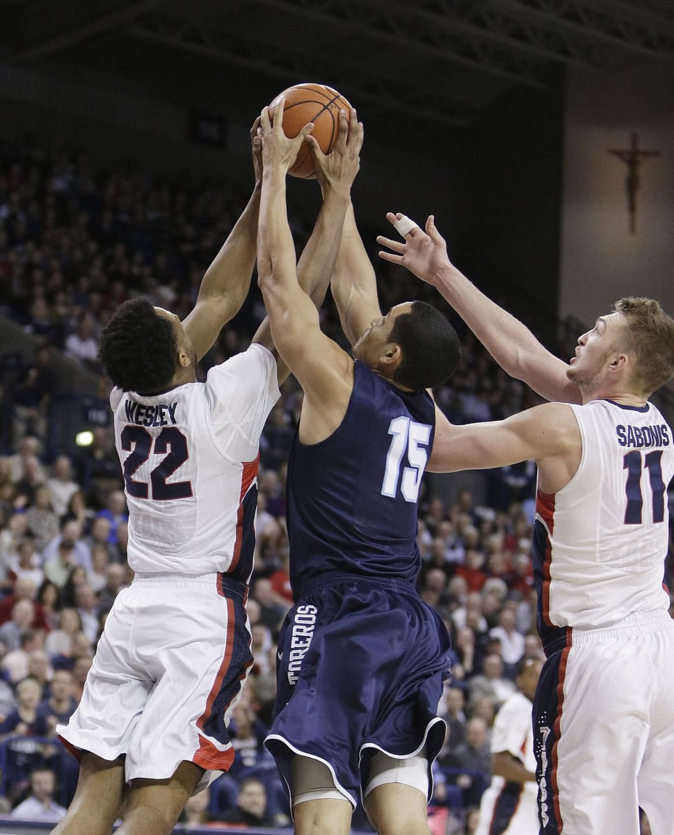San Diego's Thomas Jacobs (15) goes after a rebound against Gonzaga's Byron Wesley (22) and Domantas Sabonis (11) during the second half Thursday, Feb. 26, 2015, in Spokane. Gonzaga won 59-39.