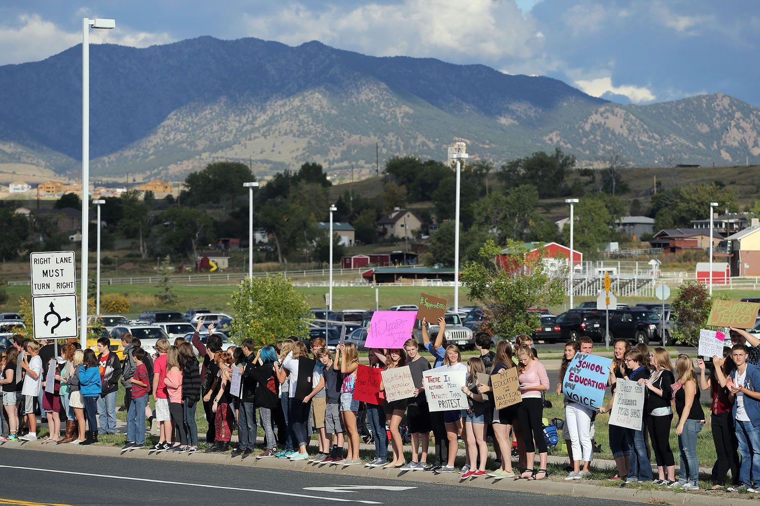 High school students hold a protest against a Jefferson County School Board proposal to emphasize patriotism in the teaching of U.S.