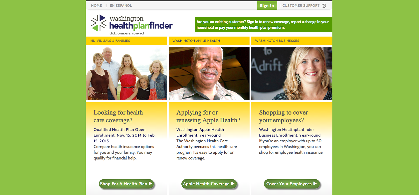 The homepage for www.wahealthplanfinder.com.