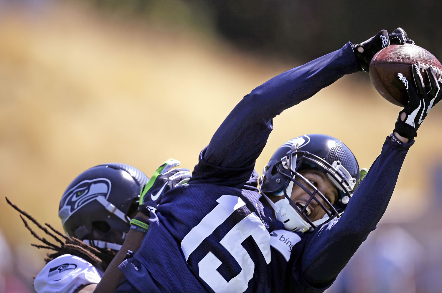 Seattle Seahawks' Jermaine Kearse, catching a sideline pass during camp practice on Saturday, has developed a knack for making important plays.