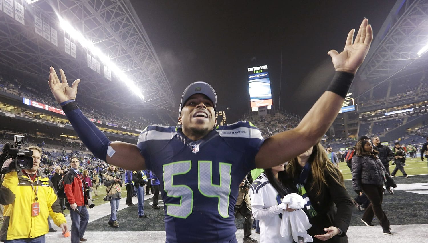 Seattle Seahawks linebacker Bobby Wagner celebrates after the NFL football NFC Championship game in Seattle. The Seahawks draft class of 2012 will reminisce about the way pundits gave them failing grades.