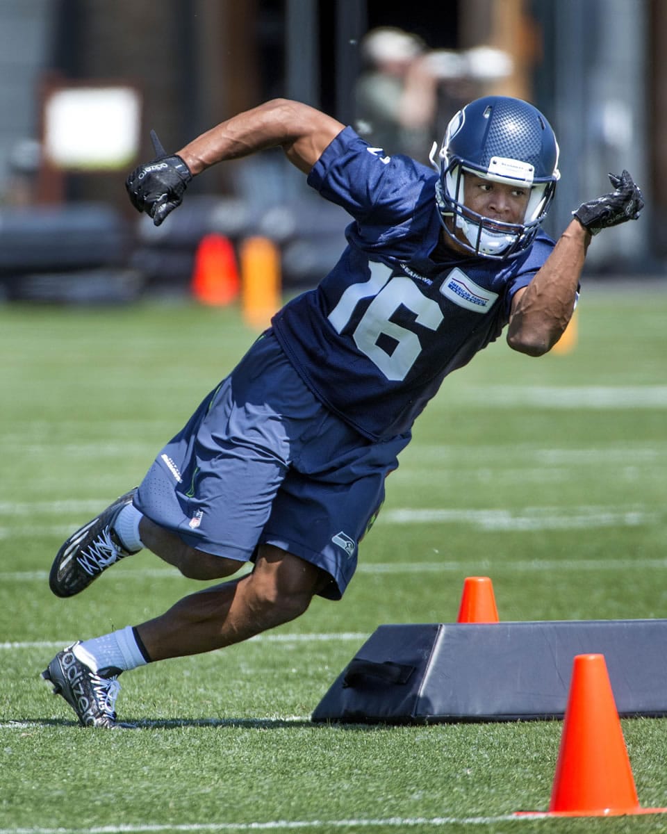 Seattle Seahawks return specialist Tyler Lockett works out during NFL rookie minicamp in Renton on Friday, May 8, 2015.