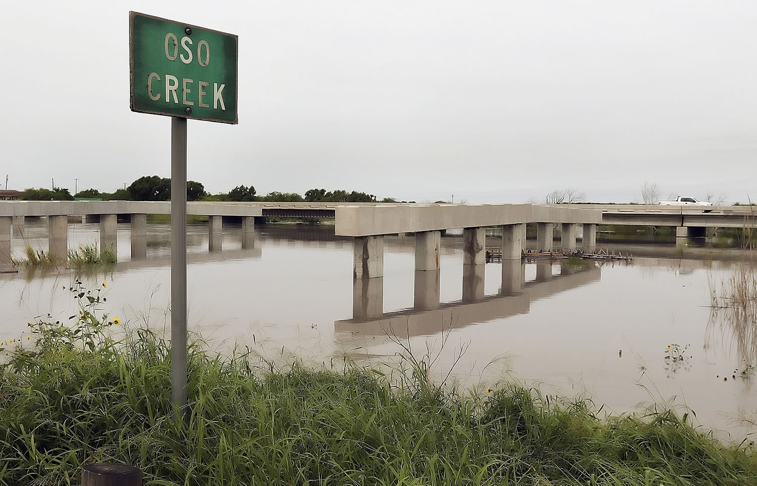 Flooding has stopped work on the new Oso Creek Bridge in Corpus Christi, Texas, on Tuesday.