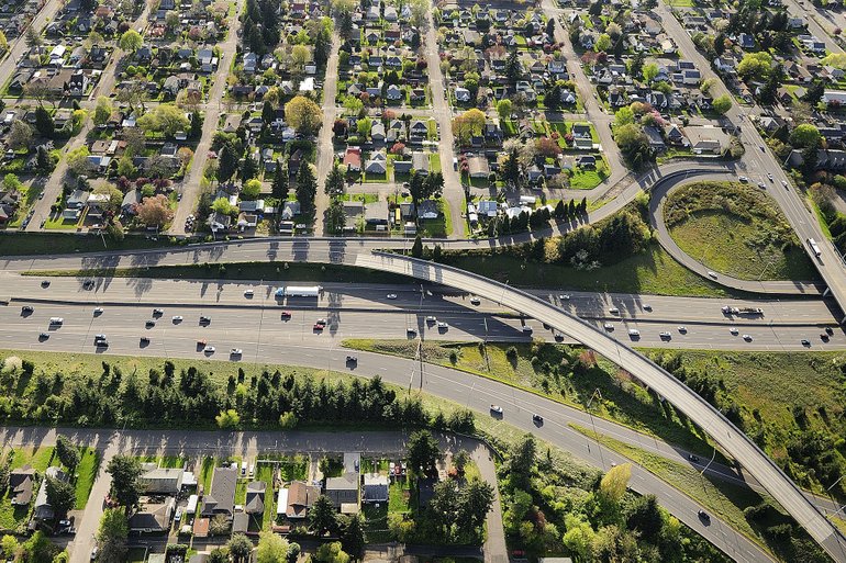 Homes along I-5, seen in this aerial photographed are at risk of being acquired or partially acquired by WSDOT as part of the Columbia River Crossing project.