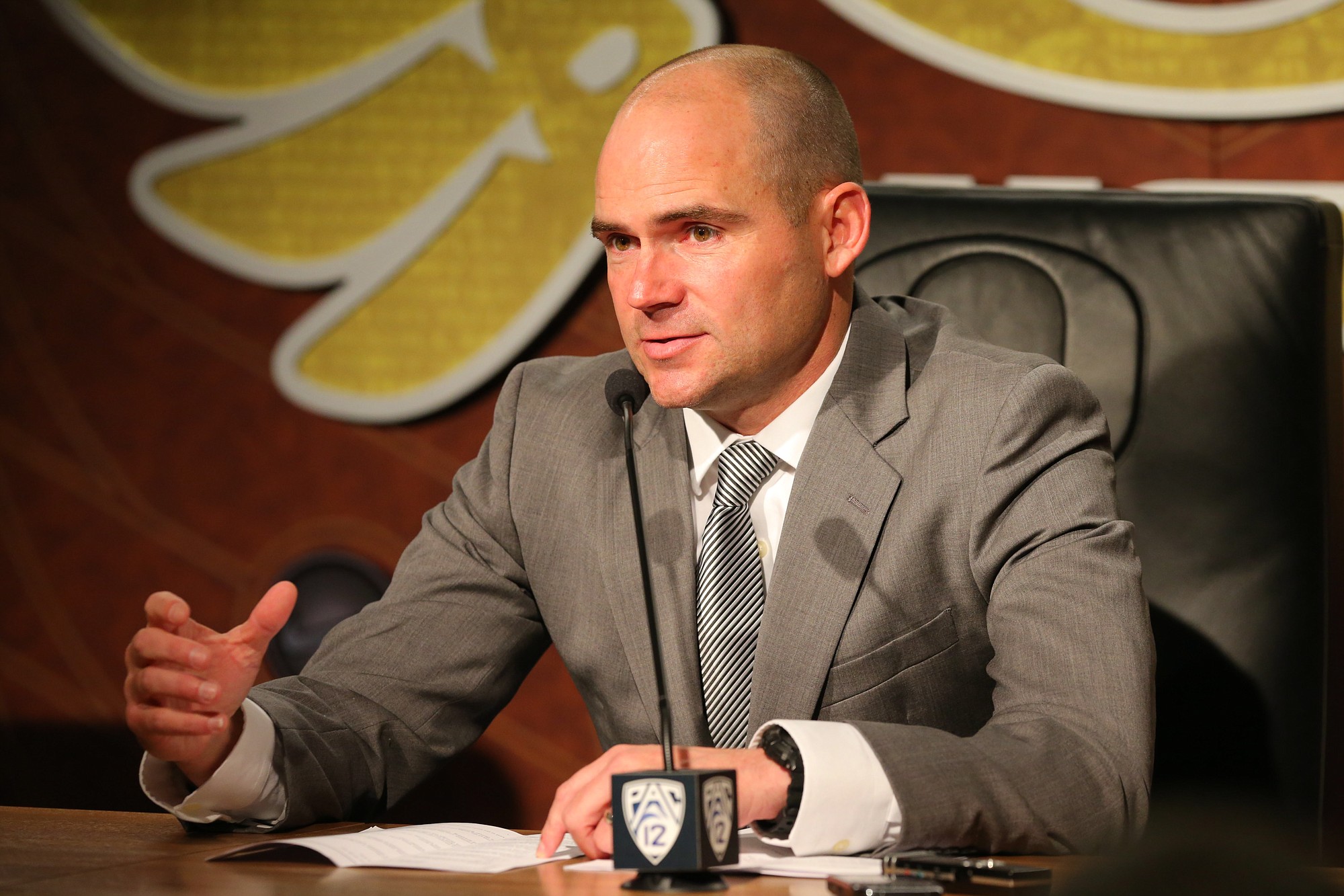 University of Oregon head coach Mark Helfrich talks with the media about the 2015 recruiting class inside the Hatfield-Dowlin Complex in Eugene, Ore., Wednesday, Feb. 4, 2015.