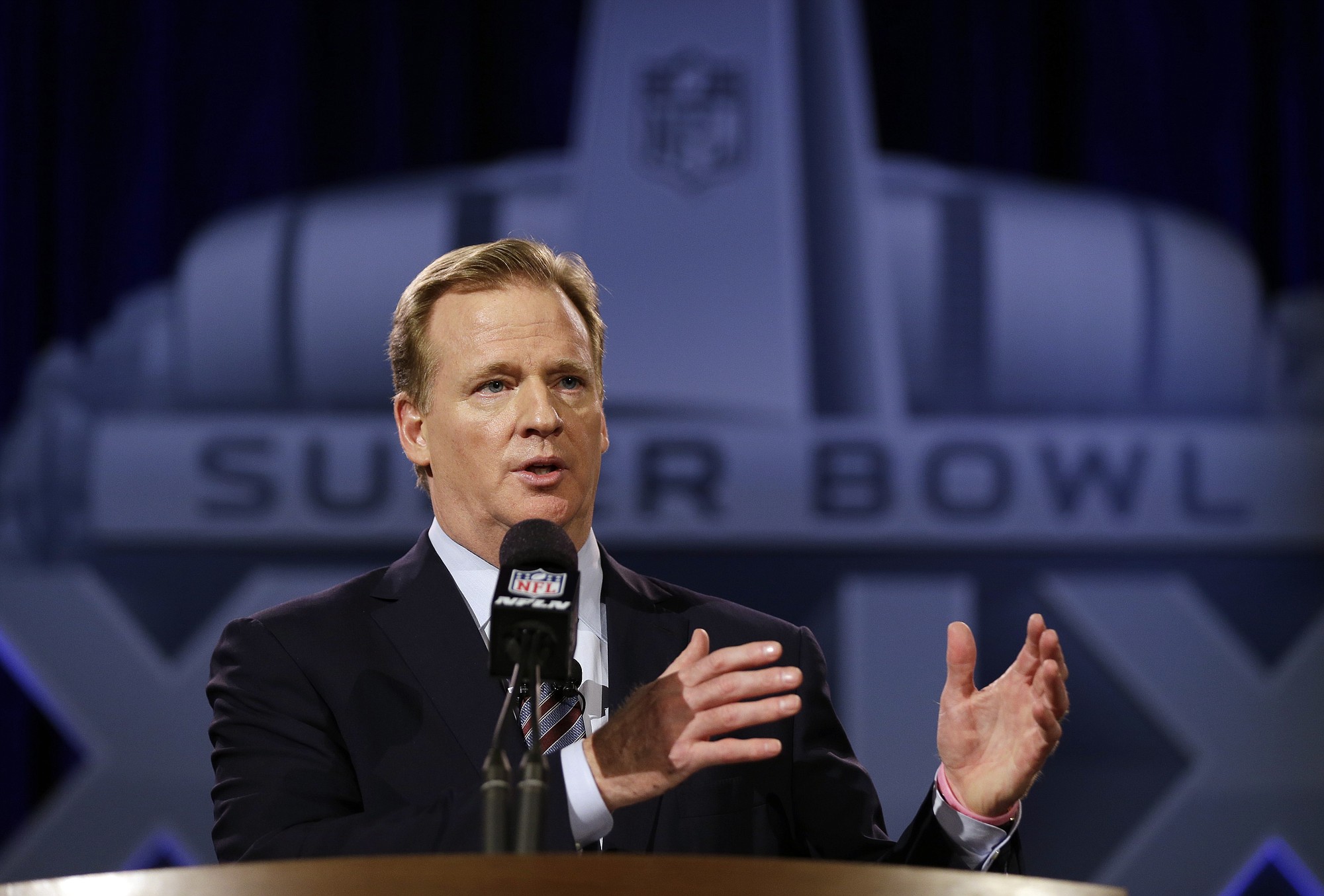 NFL Commissioner Roger Goodell participates in a news conference for Super Bowl XLIX on Friday, Jan.