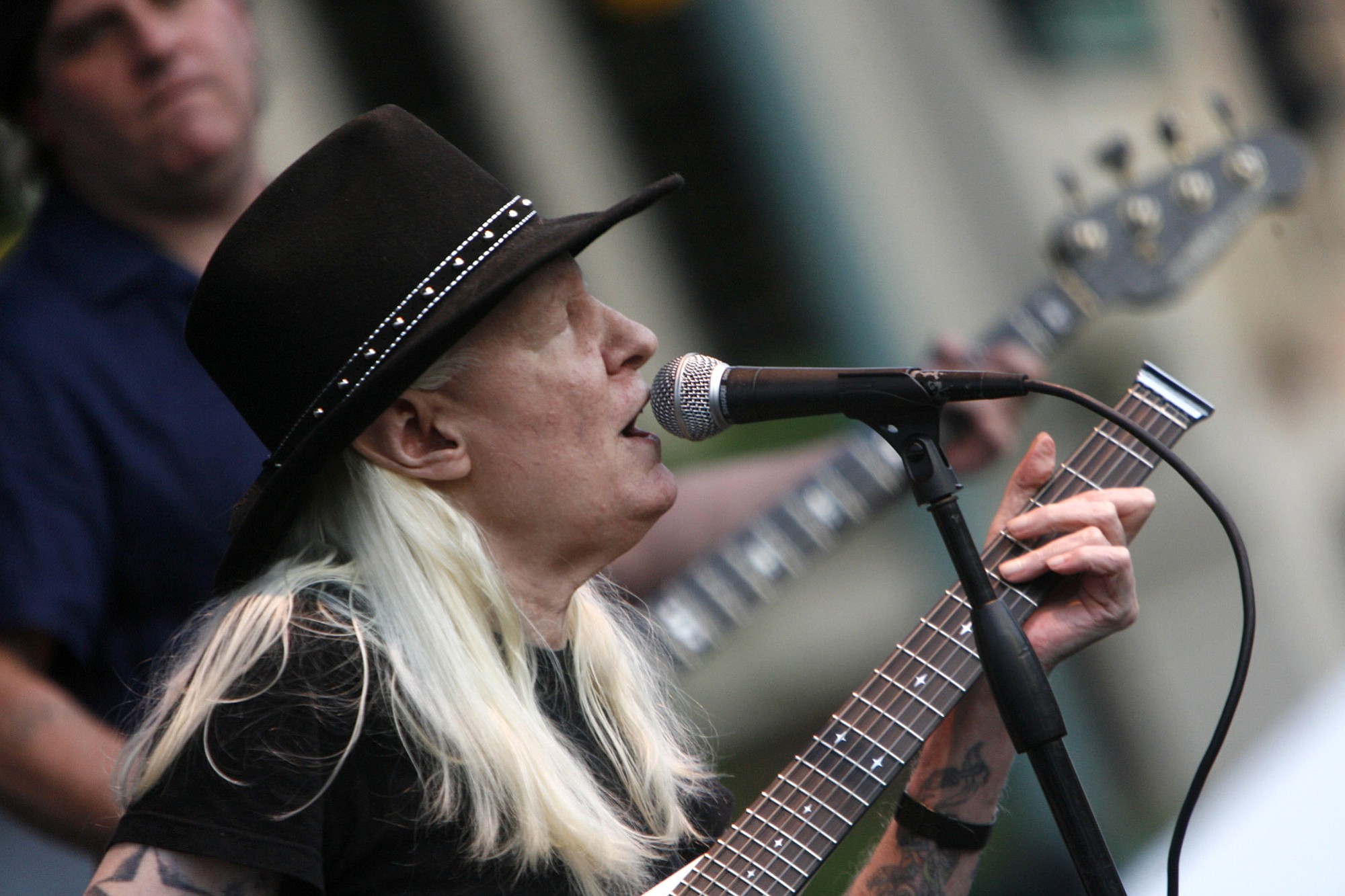 Johnny Winter plays June 19, 2009 during the Canton Blues Festival 2009 in downtown Canton, Ohio. Texas blues icon Johnny Winter, who rose to fame in the late 1960s and u201870s with his energetic performances and recordings that included producing his childhood hero Muddy Waters, died in Zurich, Switzerland on Wednesday.