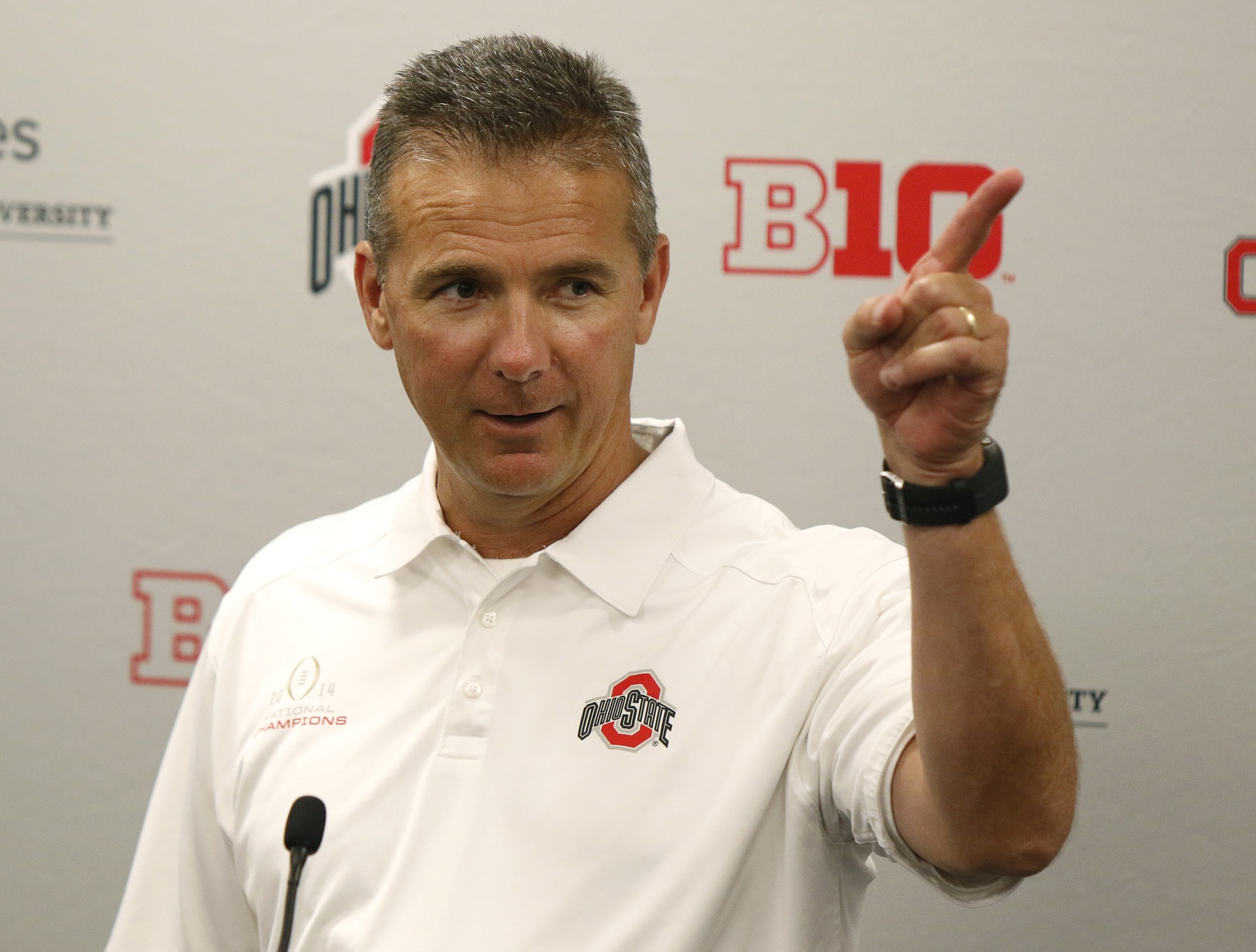 Ohio State coach Urban Meyer speaks to reporters during the university's NCAA college football media day in Columbus, Ohio. Ohio State is the first unanimous preseason No. 1 in The Associated Press college football poll.