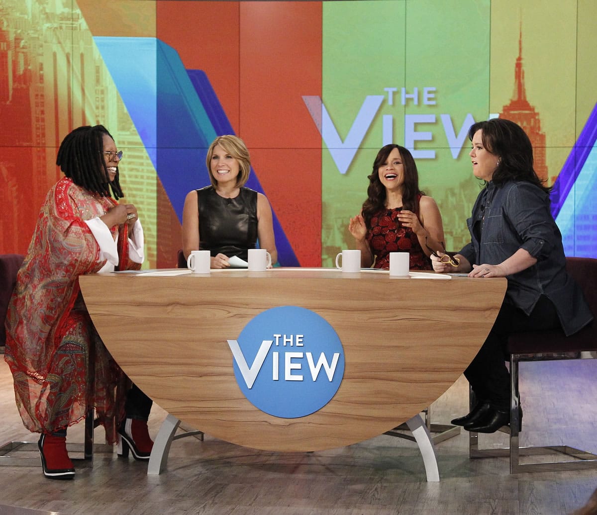Co-hosts Whoopi Goldberg, from left, Nicolle Wallace, Rosie Perez and Rosie O'Donnell appear on the set of the daytime talk show &quot;The View,&quot; in New York.