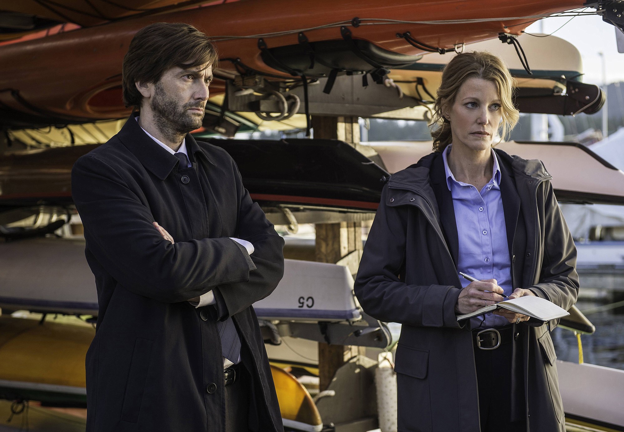 David Tennant and Anna Gunn appear in a scene from &quot;Gracepoint.&quot;