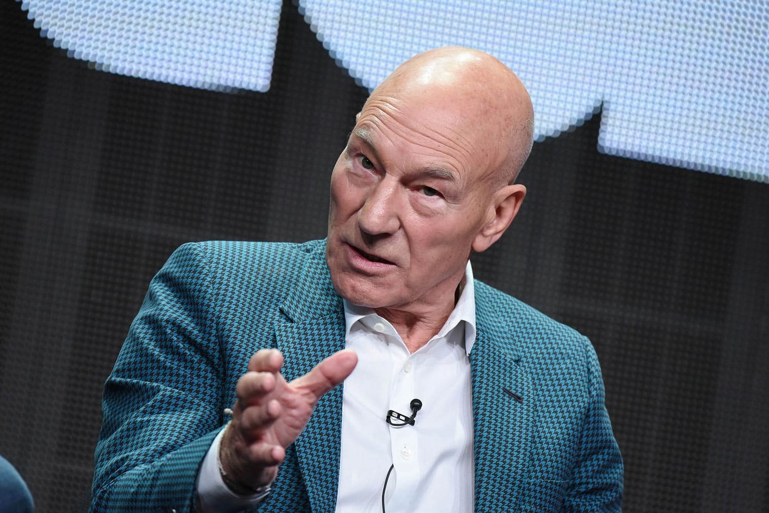 Patrick Stewart speaks onstage during the &quot;Blunt Talk&quot; panel July 31 at the Starz 2015 Summer TCA Tour held at the Beverly Hilton Hotel in Beverly Hills, Calif.