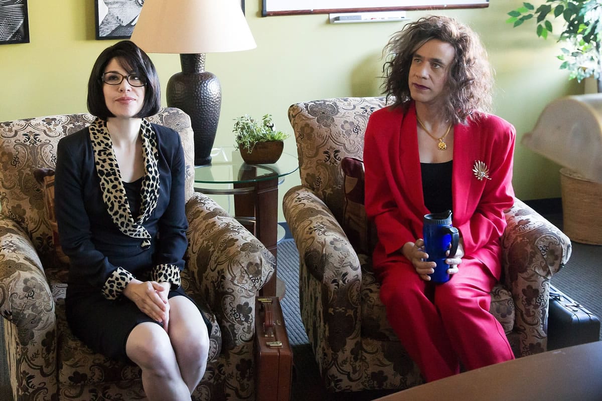 Carrie Brownstein, left, as Toni, and Fred Armisen, as Candace, in a scene from season 5 of the television series, &quot;Portlandia.&quot;