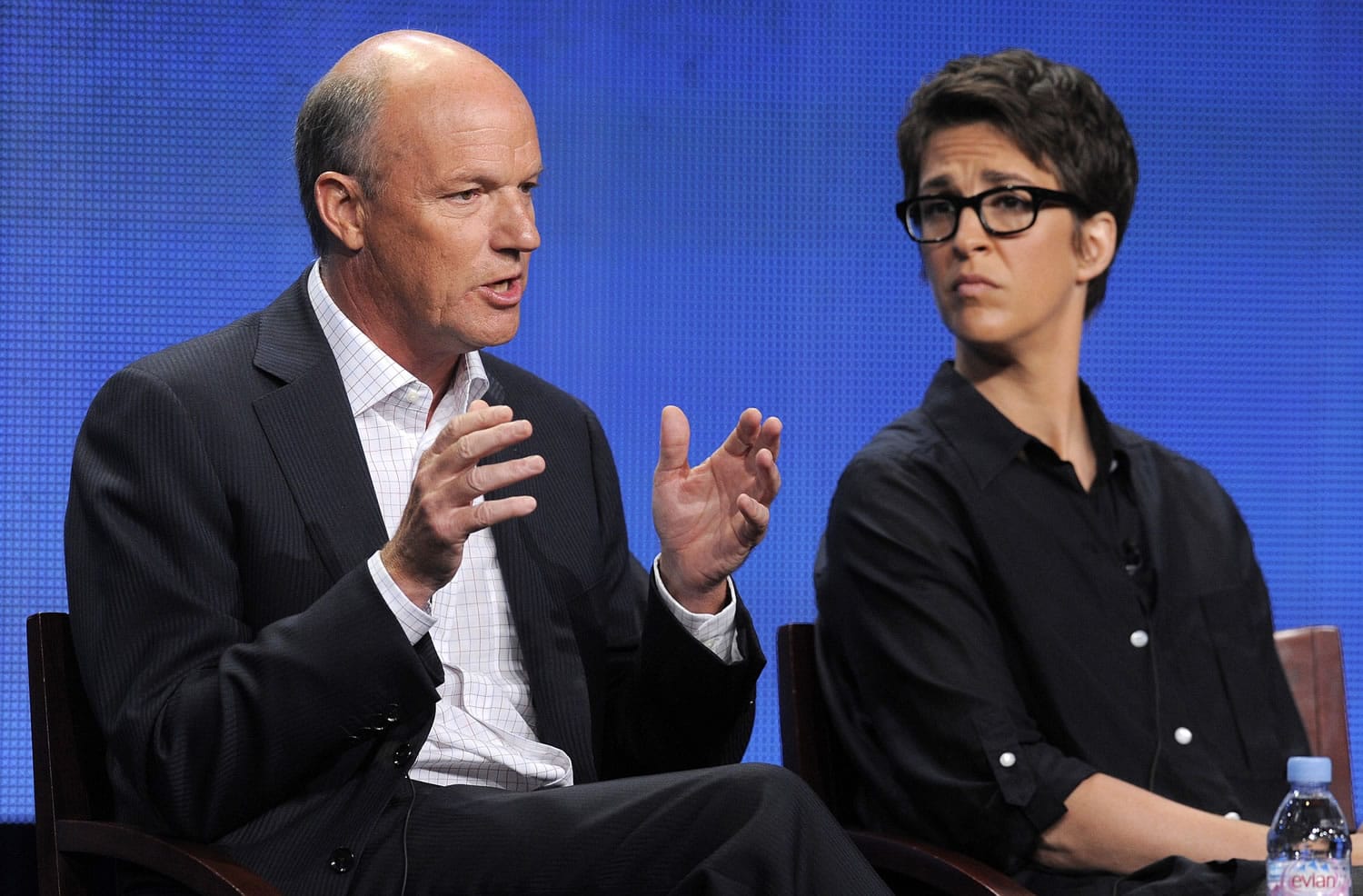 Associated Press files
Phil Griffin, left, president of MSNBC, answers a question as Rachel Maddow, host of &quot;The Rachel Maddow Show,&quot; looks on at the NBC Universal summer press tour Aug. 2, 2011.