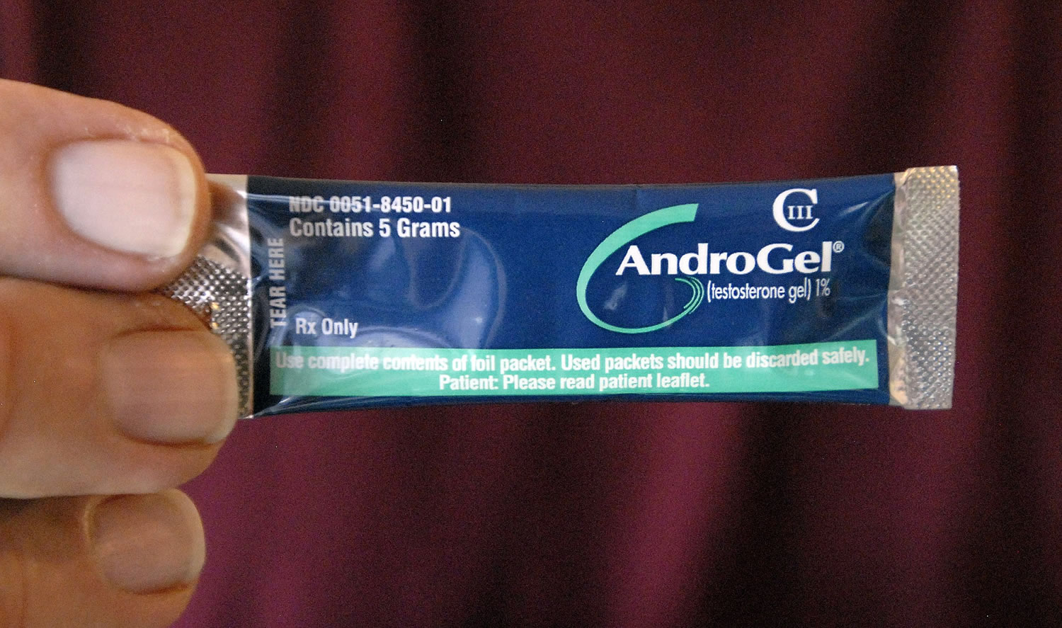 A packet of AndroGel testosterone in Hygiene, Colo.