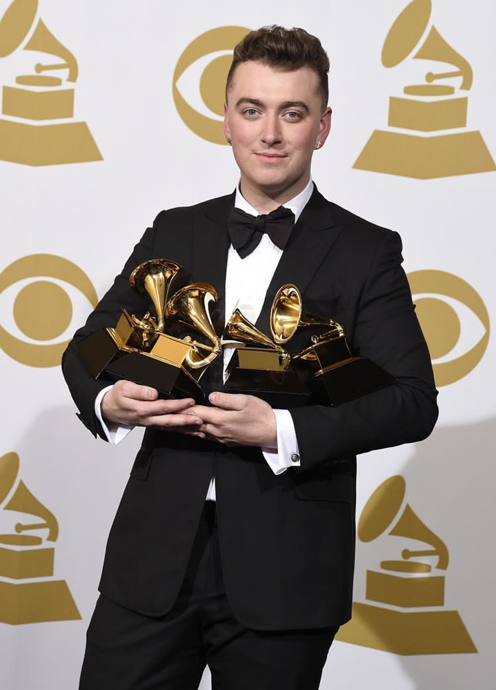 British singer Sam Smith poses in the press room with his Grammy Awards on Sunday night in Los Angeles.