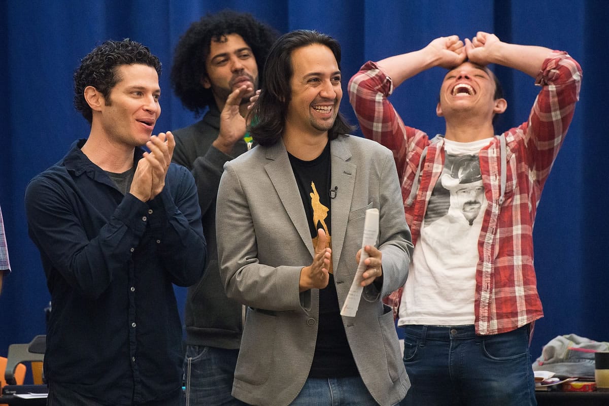 &quot;Hamilton&quot; director Thomas Kail, from left, and cast members Daveed Diggs, Lin-Manuel Miranda and Anthony Ramos begin Broadway rehearsals June 18 at the New 42nd Street Studios in New York.