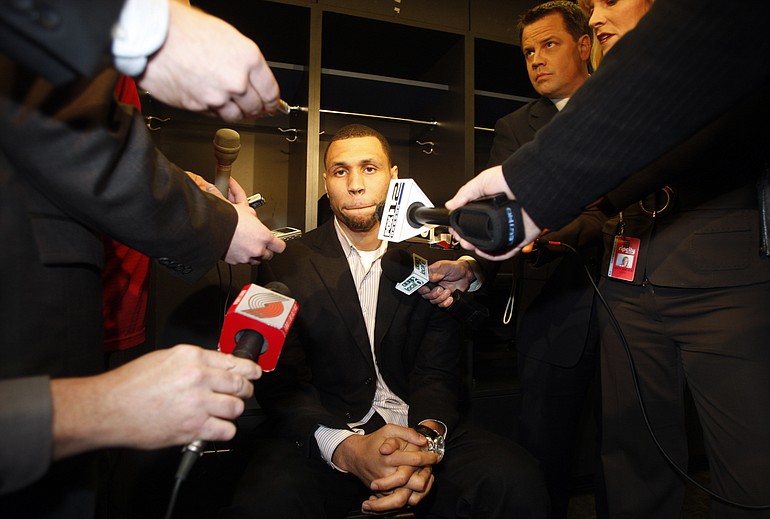 Portland Trail Blazers Brandon Roy speaks with reporters before their NBA basketball game with the Oklahoma City Thunder Monday, April 12, 2010, in Portland, Ore. Roy has a torn meniscus in his right knee and his status for the playoffs is uncertain.