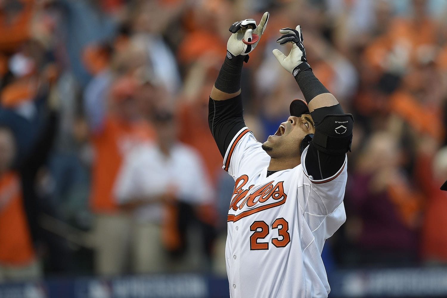 Baltimore Orioles designated hitter Nelson Cruz gestures after his two-run home run in the first inning against the Detroit Tigers during Game 1 their AL Division Series, Thursday, Oct. 2, 2014, in Baltimore.