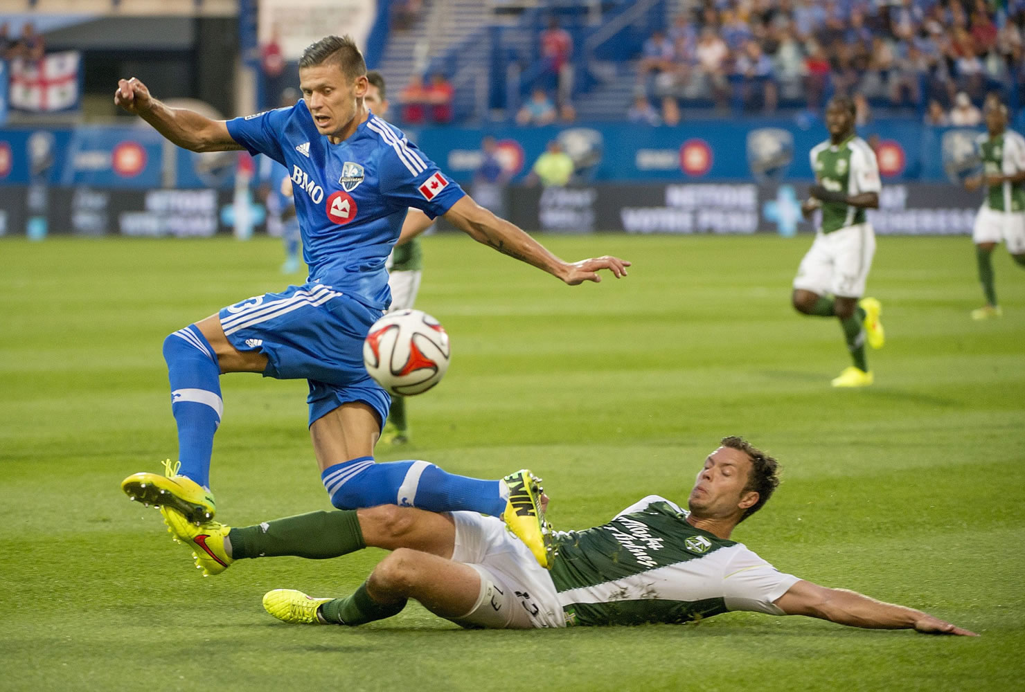 Portland Timbers' Jack Jewsbury, right, slides into Montreal Impact's Krzysztof Krol during first half at Montreal on Sunday, July 27, 2014.