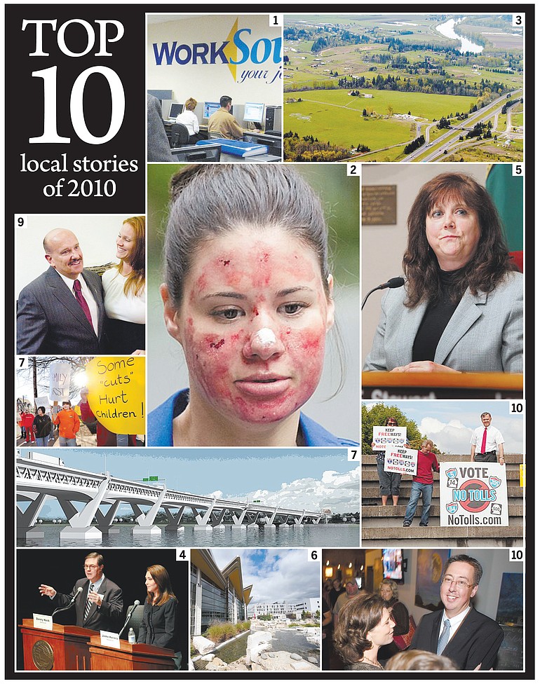 The Columbian's Top 10 Local Stories of 2010:    
   1. Economic struggle
   2. Bethany Storro case
   3. Cowlitz casino
   4. Herrera vs. Heck
   5. Jeanne Harris' remarks
   6. Hospitals merge
   7. (tie) Agency cuts
   7. (tie) I-5 bridge
   9. Charges dismissed
  10. Local elections