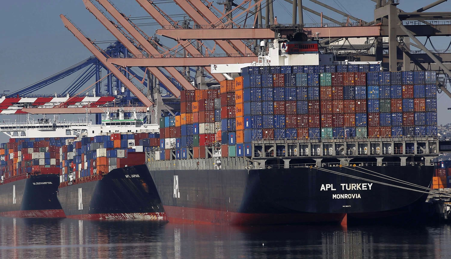 Container ships wait Feb. 23 to be unloaded at the Port of Los Angeles.