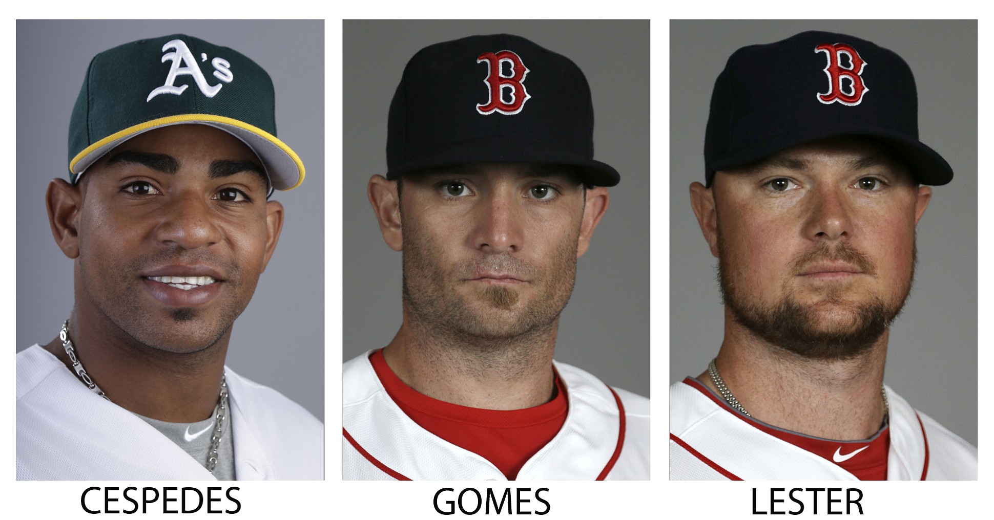 Oakland Athletics' Yoenis Cespedes, and Boston Red Sox players Jonny Gomes and Jon Lester.
