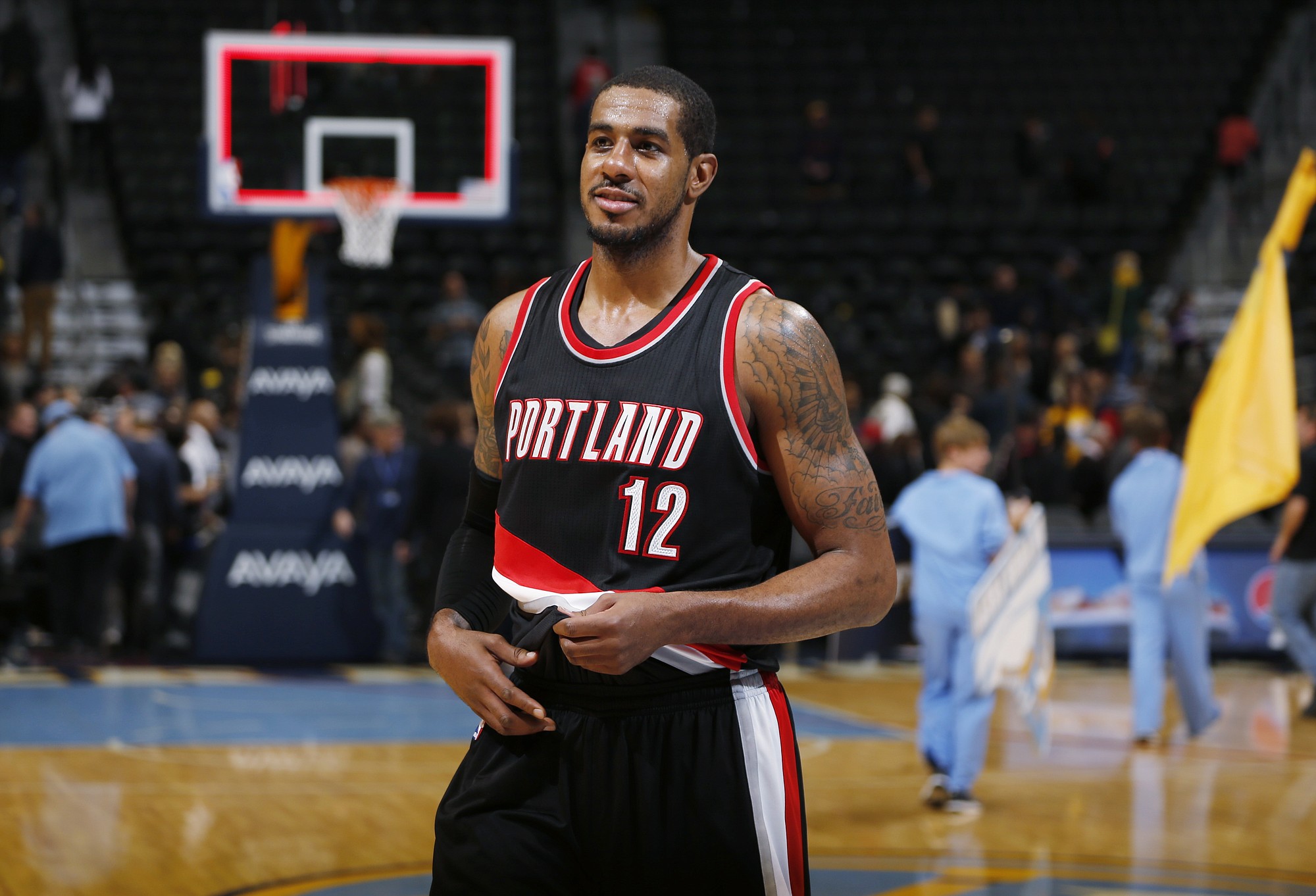 Portland Trail Blazers forward LaMarcus Aldridge leaves the court after scoring 39 points against the Denver Nuggets in the Trail Blazers' 105-103 victory in Denver on Tuesday.