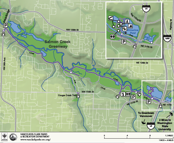 The Salmon Creek Trail runs east and west between Interstate 5 and 36th Avenue.
