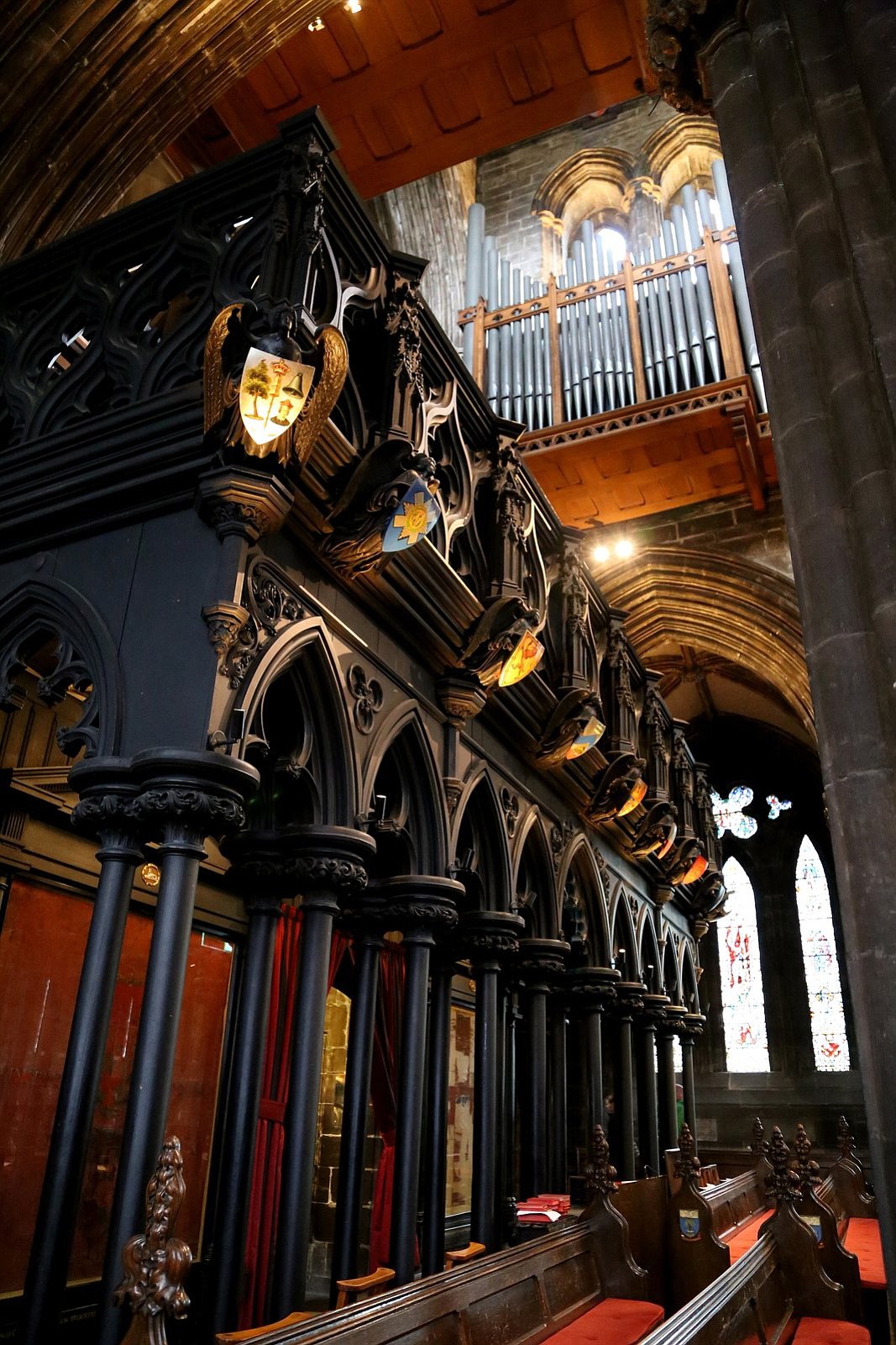 The pipe organ and choir gallery appear at Glasgow Cathedral in Glasgow, Scotland.