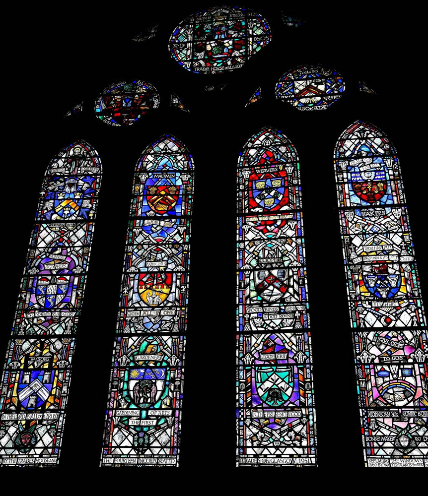 A stained glass window is seen at Glasgow Cathedral in Glasgow, Scotland.