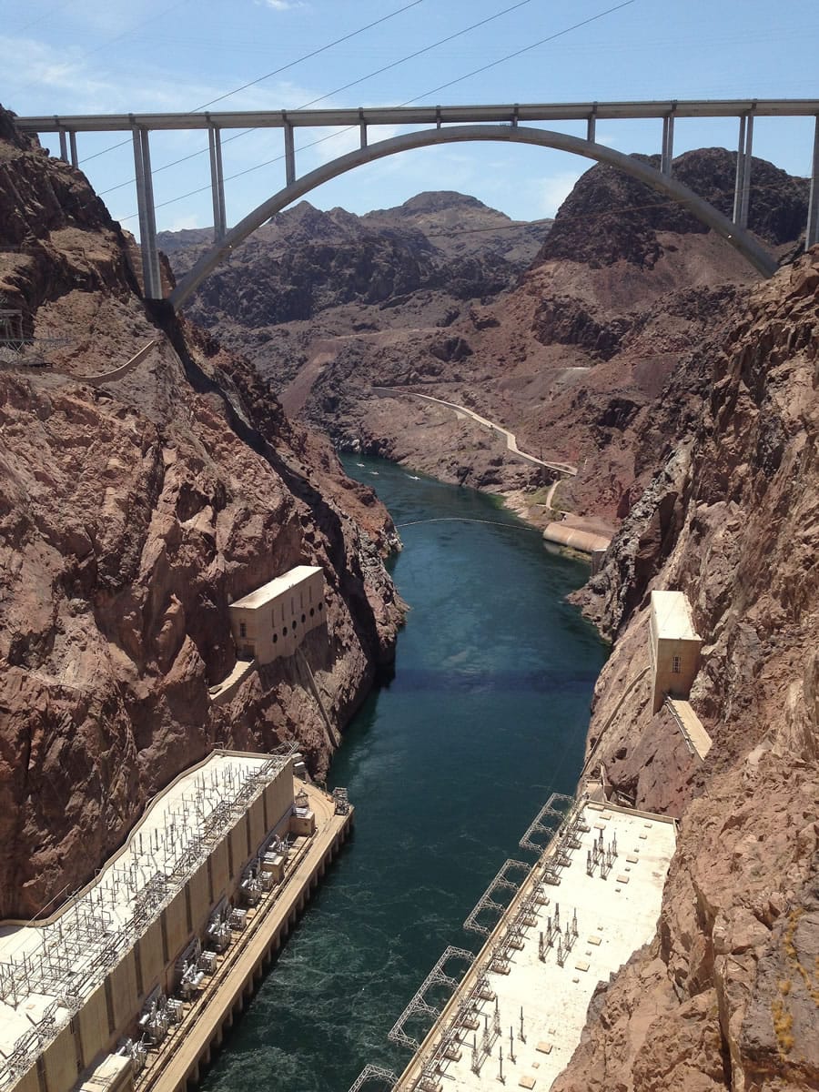 The view from the Hoover Dam on the Arizona-Nevada border looking toward the O'Callaghan-Tillman Memorial Bridge.
