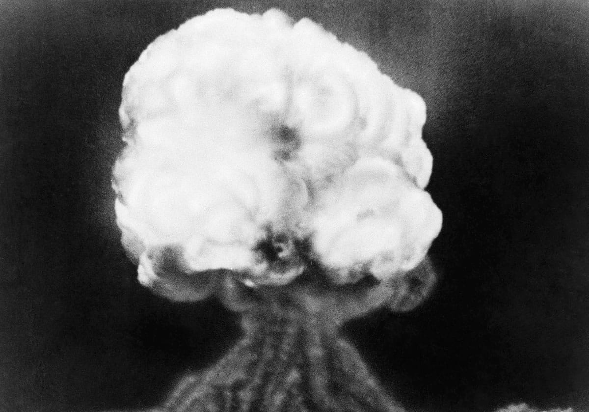 Associated Press files
This July 16, 1945, photo shows the mushroom cloud of the first atomic explosion at Trinity Test Site, New Mexico.