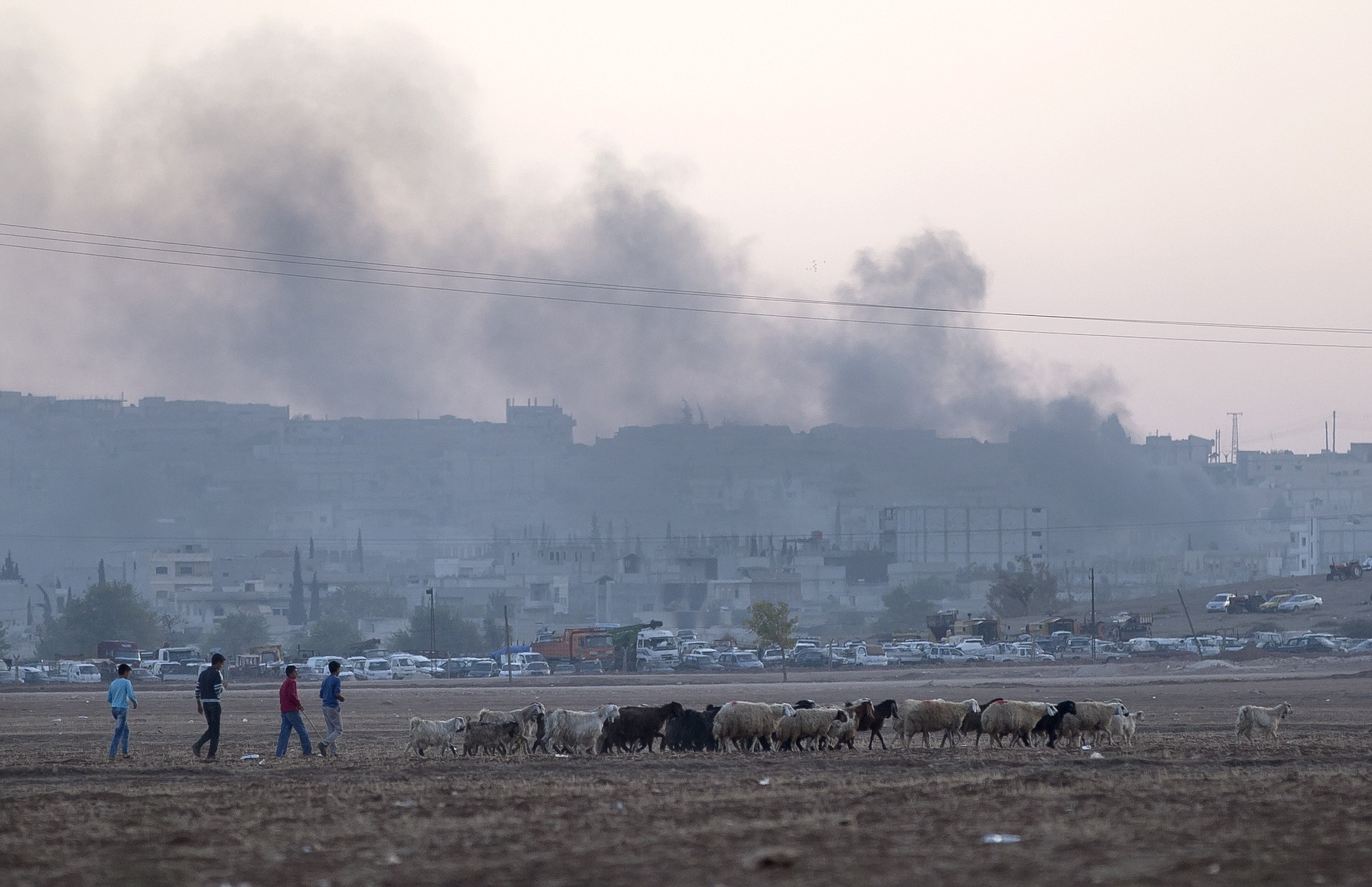 People herd a flock of sheep backdropped by the Syrian city of Kobani engulfed in smoke, following airstrikes by the US led coalition on the outskirts of Suruc, near the Turkey-Syria border, Saturday.