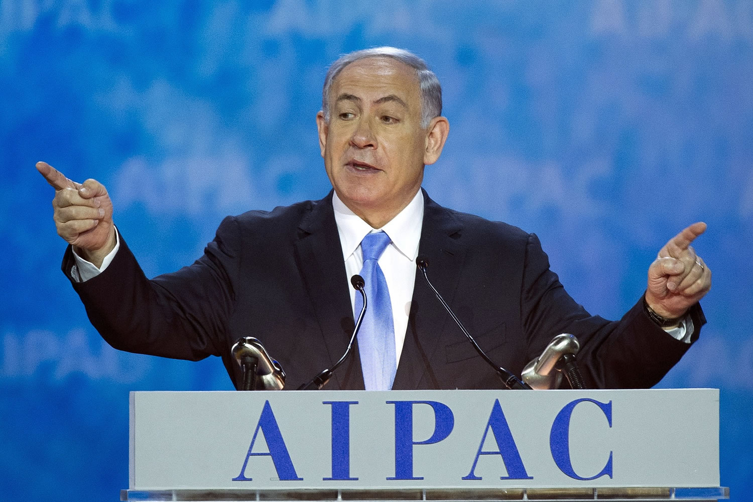 Israeli Prime Minister Benjamin Netanyahu gestures while speaking at the 2015 American Israel Public Affairs Committee Policy Conference in Washington on Monday.