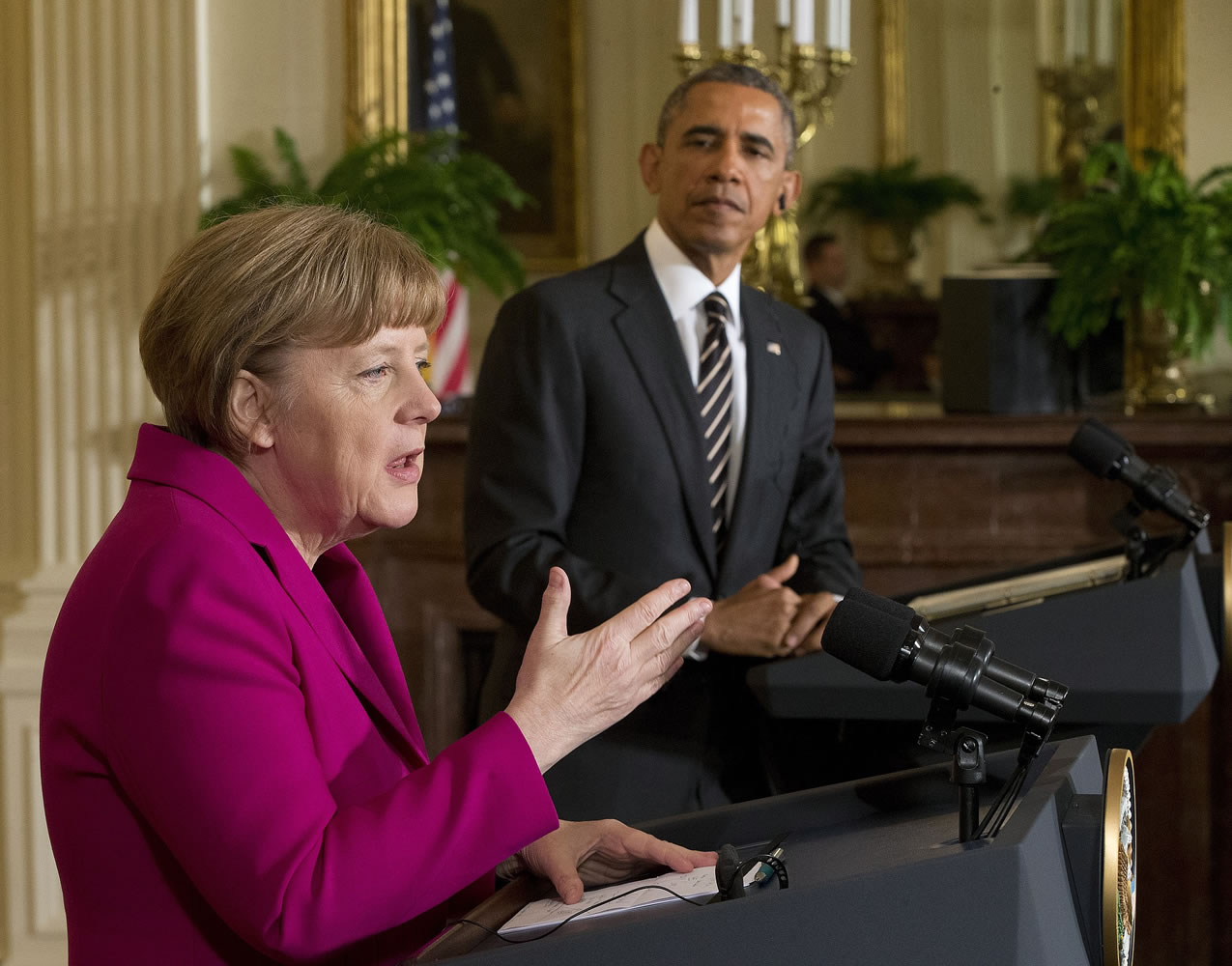 President Barack Obama and German Chancellor Angela Merkel participate in a joint news conference at the White House.