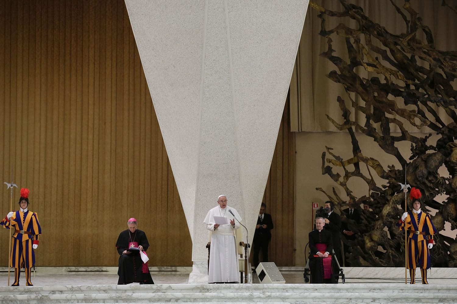 Pope Francis, center, delivers his message during a private audience with participants to the course promoted by the Penitentiary Apostolic Tribunal, in the Paul VI hall at the Vatican, on Thursday.
