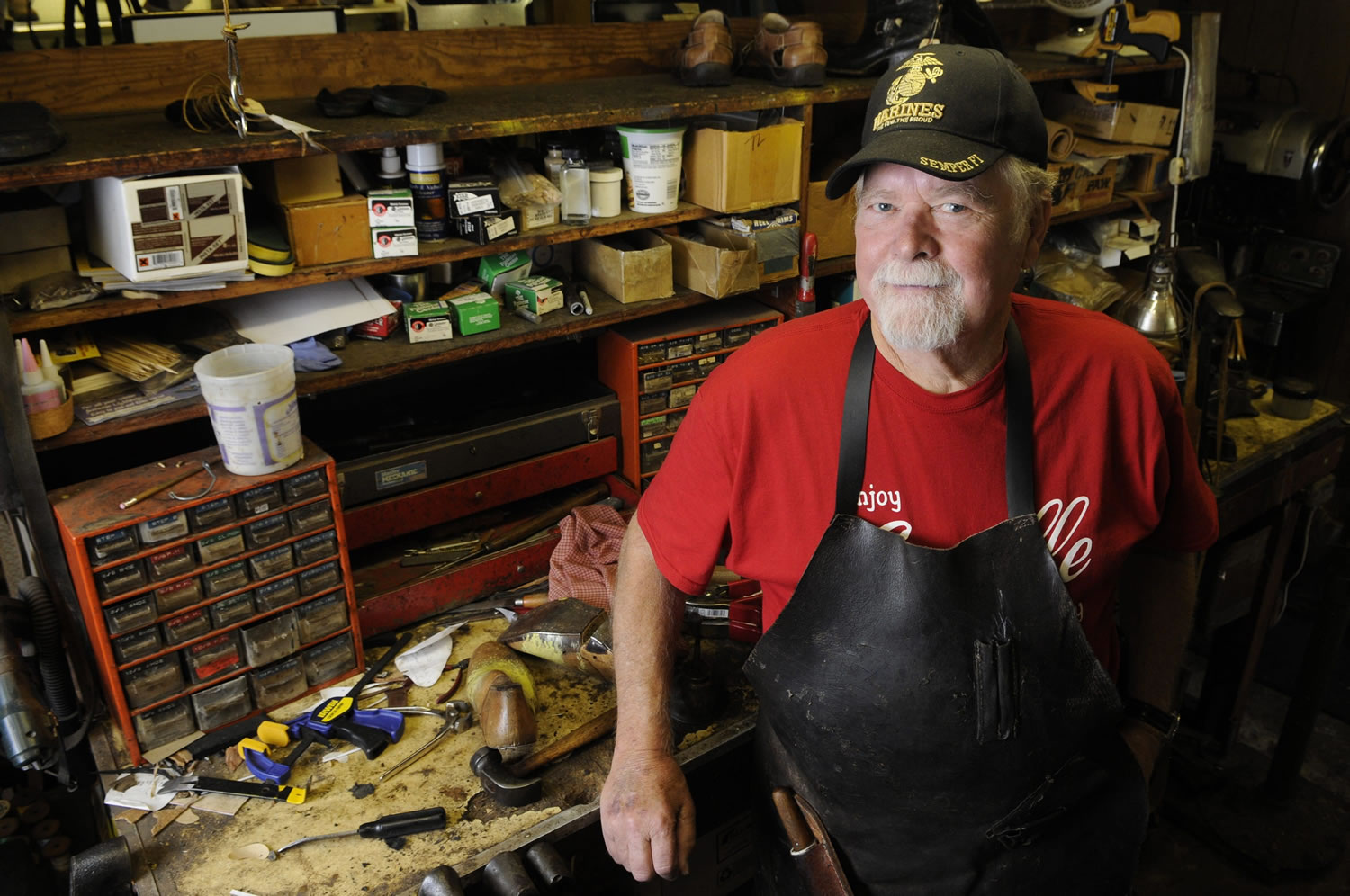 U.S. Marine Corps veteran, Bill Marino, who served in Vietnam, is photographed at Marino's Boots and Saddles in Coquille, Ore., on Aug. 21, 2015. He is a member of the Marine Corps League Coquille River Detachment 1042.