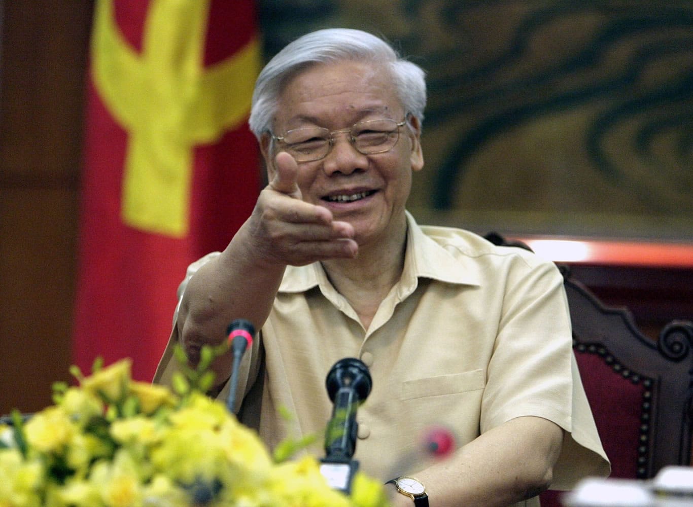 Vietnamese Communist Party General Secretary Nguyen Phu Trong gestures during a meeting with the Western press in Hanoi, Vietnam.