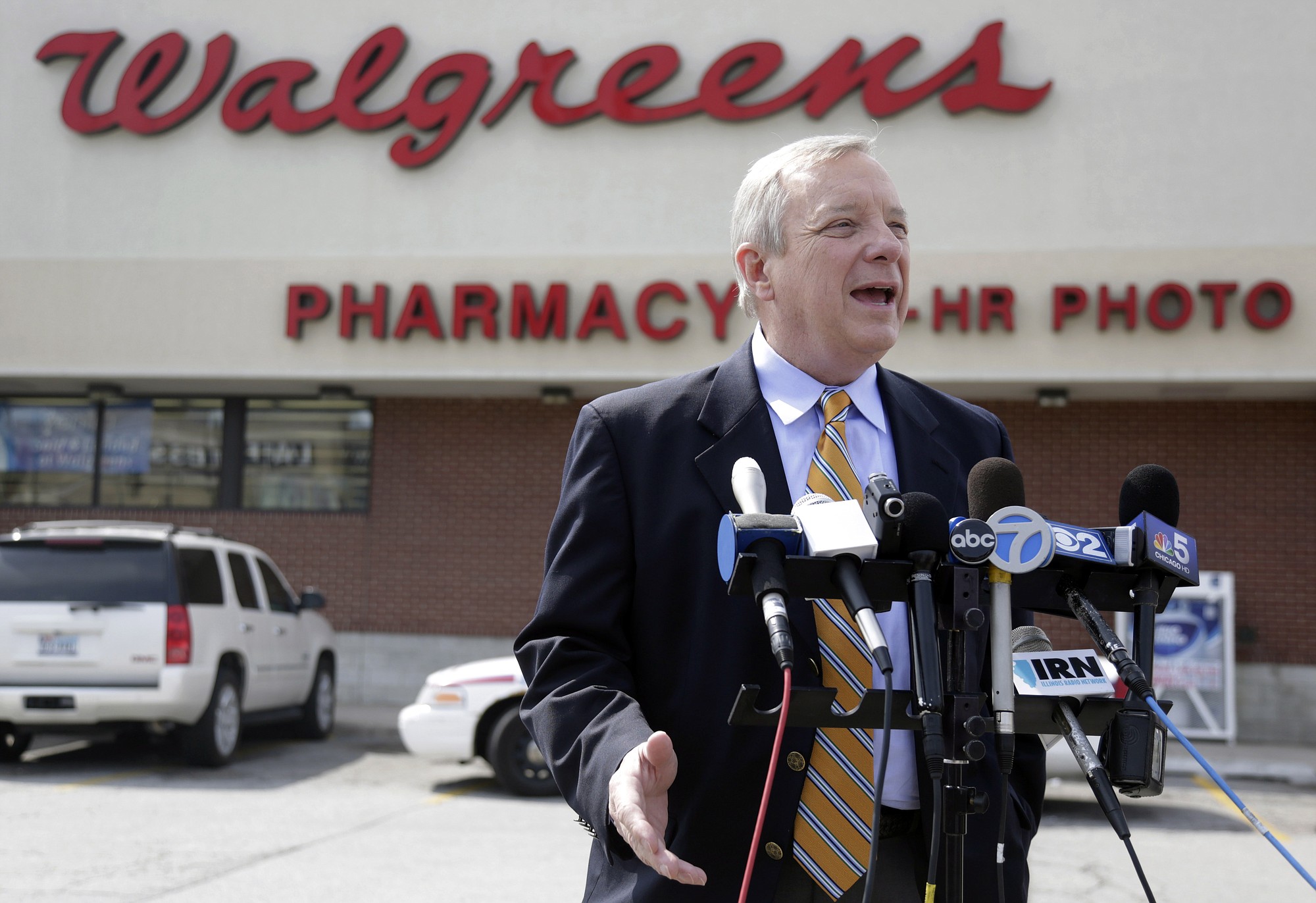 U.S. Sen. Dick Durbin, D-Ill., speaks during a news conference outside a Walgreen's drugstore Wednesday in Chicago. Durbin praised Walgreen Co., the nation's largest drugstore chain, for declining to pursue an overseas reorganization to trim its U.S.
