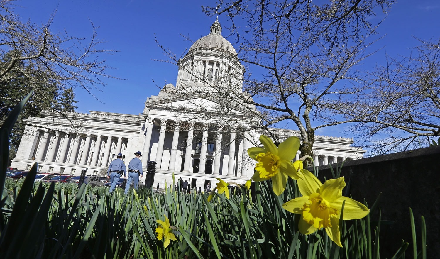 Early daffodils bloom as two Washington State Patrol troopers walk toward the Capitol, Tuesday, Feb. 17, 2015, in Olympia, Wash. Temperatures hit record highs Monday in parts of Washington and Oregon as one of the mildest winters continues in the Northwest (AP Photo/Ted S.
