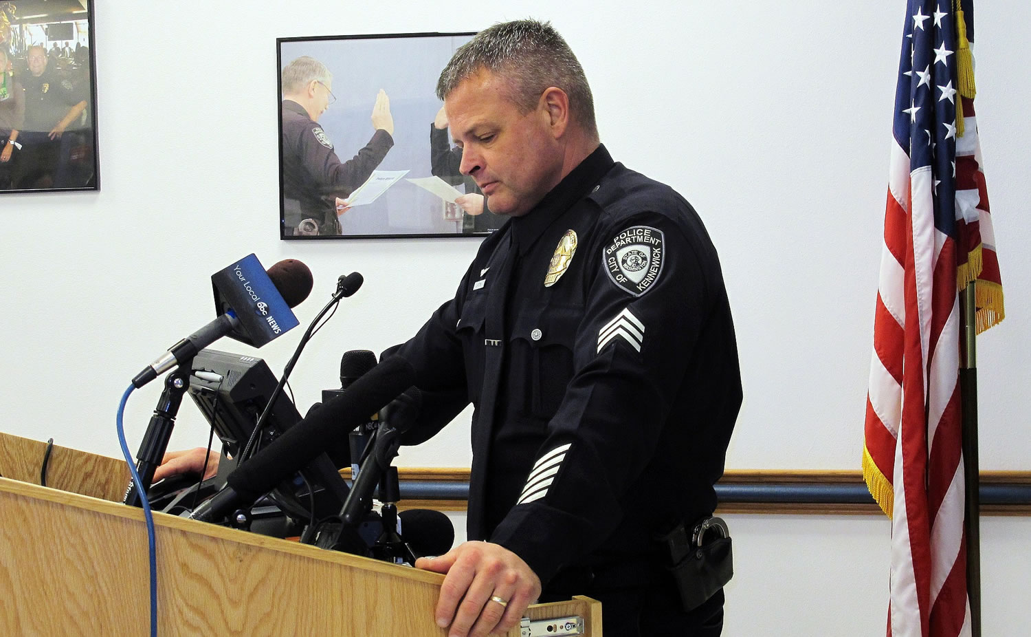Kennewick Police Sgt. Ken Lattin talks to reporters, Wednesday about the investigation of the fatal police shooting of Antonio Zambrano-Montes, who was unarmed, in nearby Pasco on Feb. 10.