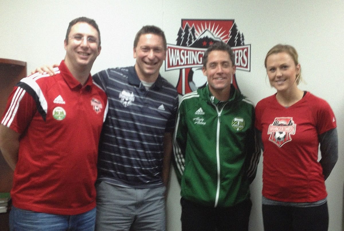 Left to right: Jeff Castagnola, (recreational soccer director), Sean Janson (executive director), Brett Jacobs (technical director) and Kat Tarr (Junior Academy coordinator) are the new Washington Timbers FC management team.