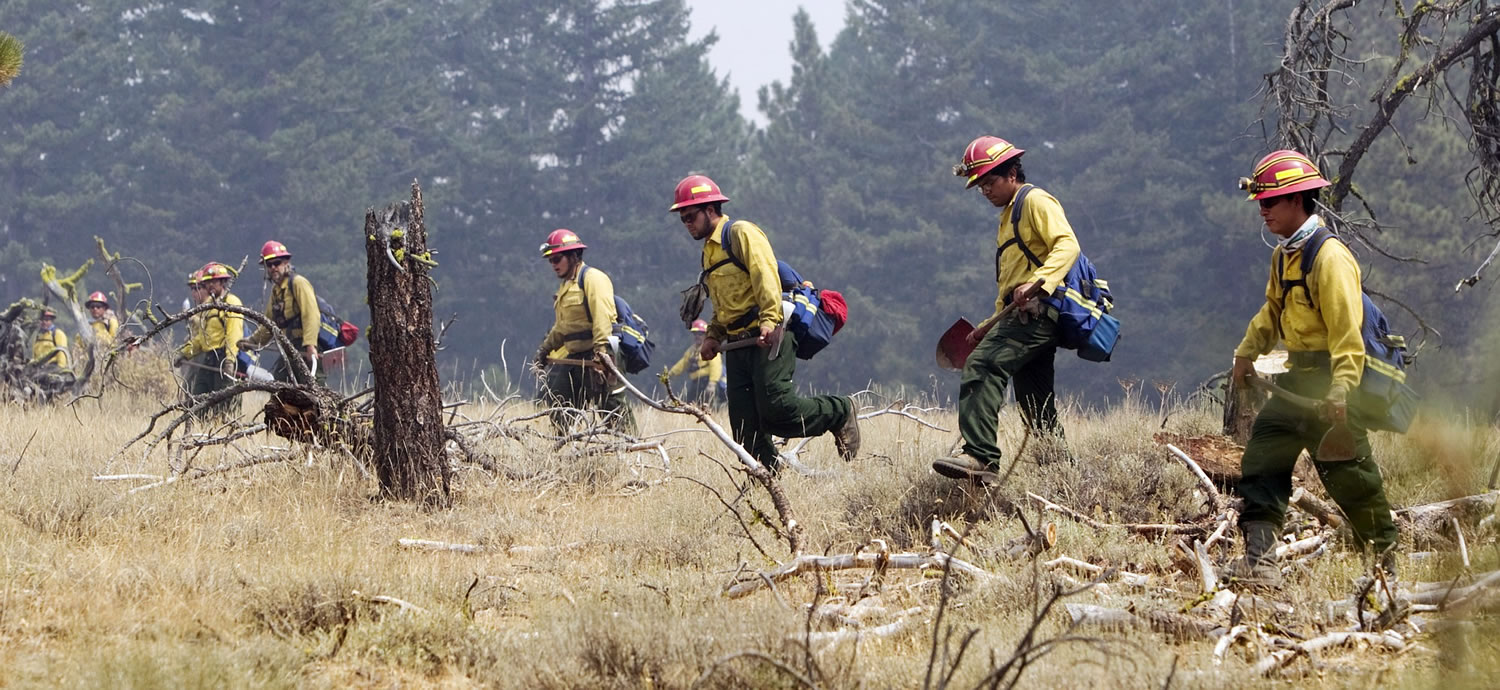 A fire crew from Idaho walks in a line through a meadow checking for any signs of fire or heat as they work on eastern edge of the Snag Canyon fire Tuesday north of Ellensburg.